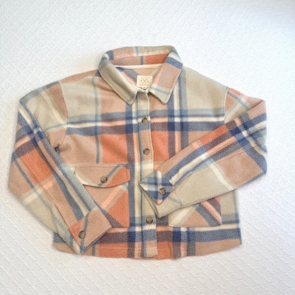 Thread & Supply Blush Blue Combo Plaid Fleece Shacket J2381PFKDG Medium